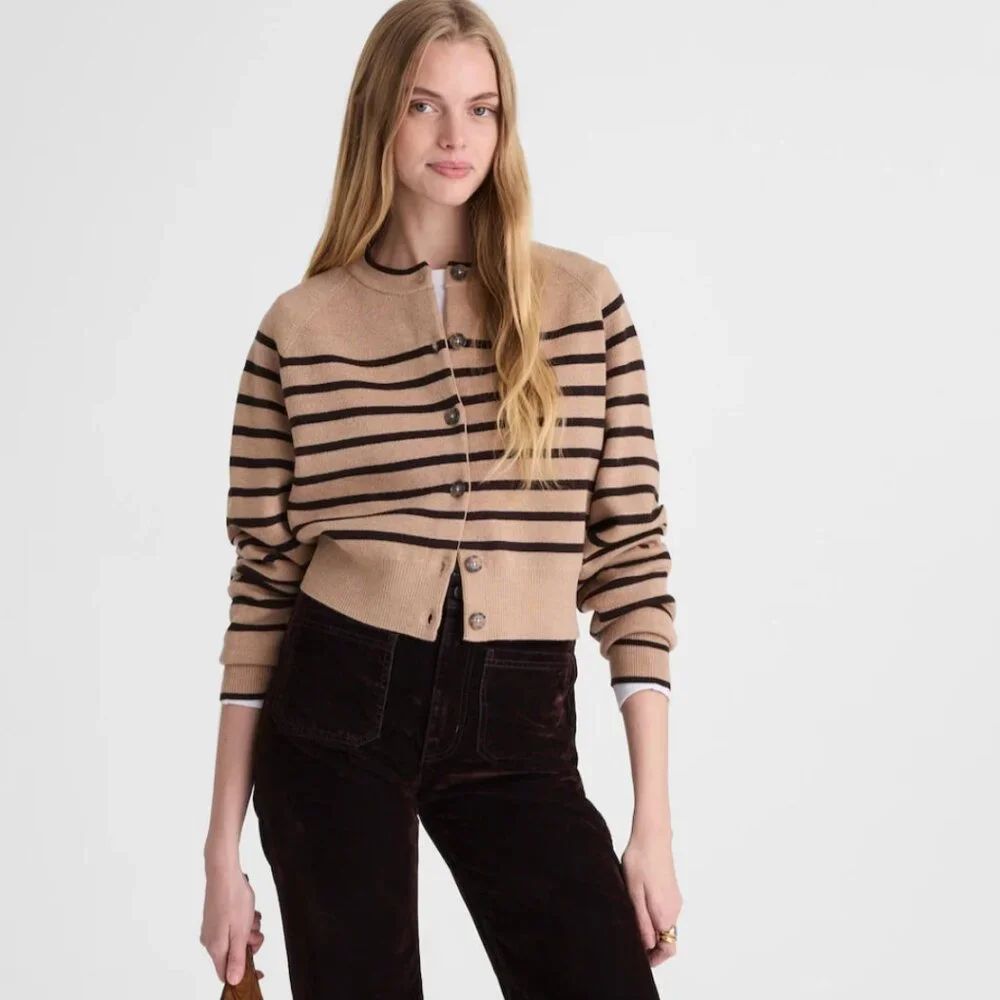 Madewell Raglan-Sleeve Cropped Cardigan in Merino Wool Hthr Camel Stripe Large - Picture 4 of 4